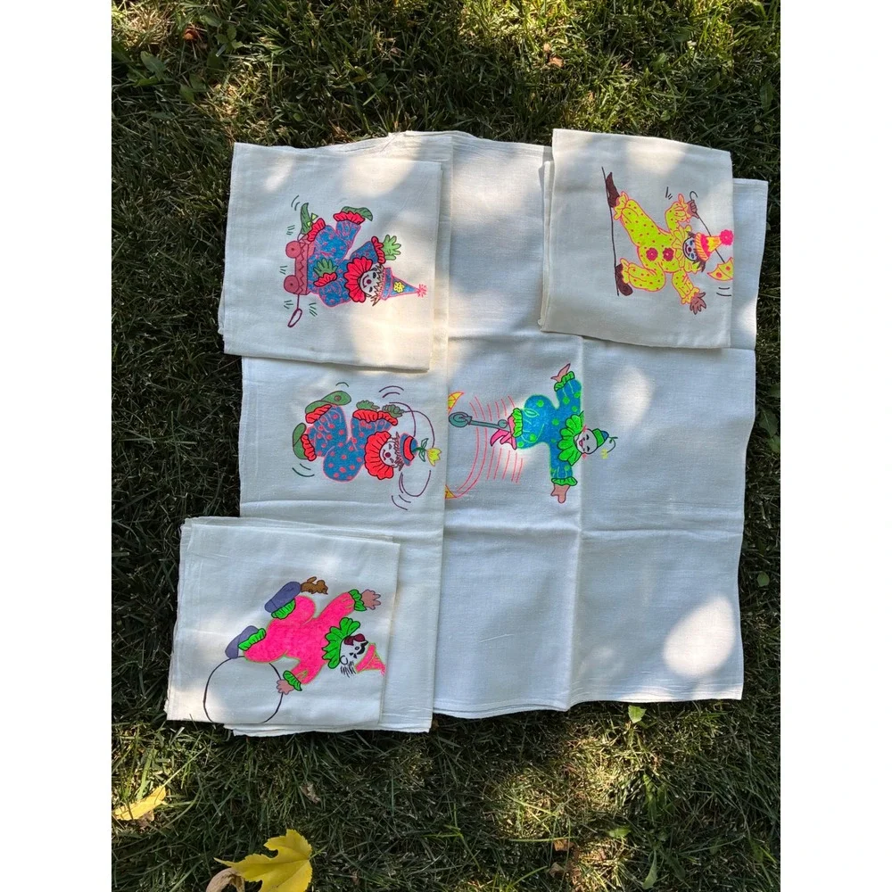 Vintage Hand Embroidered Neon Clown Linen Napkins Set of 5 Circus Retro White
